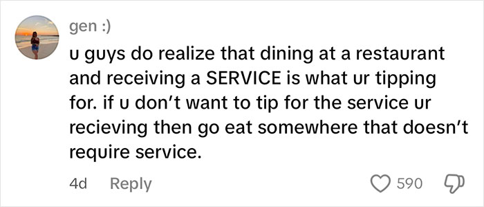 Comment expressing frustration about tipping culture while dining and reviewing waitress tips for the day.