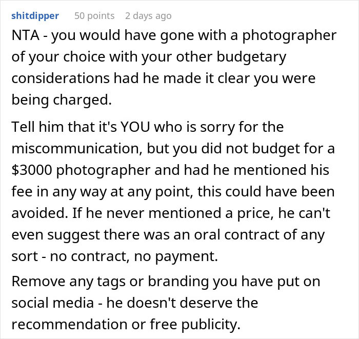 Screenshot of a social media comment discussing a cousin charging a $3,000 bill for wedding photography after offering to gift it.