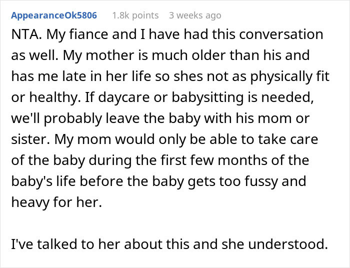 Text post on social media discussing concerns about obese mom babysitting newborn and potential fat shaming.