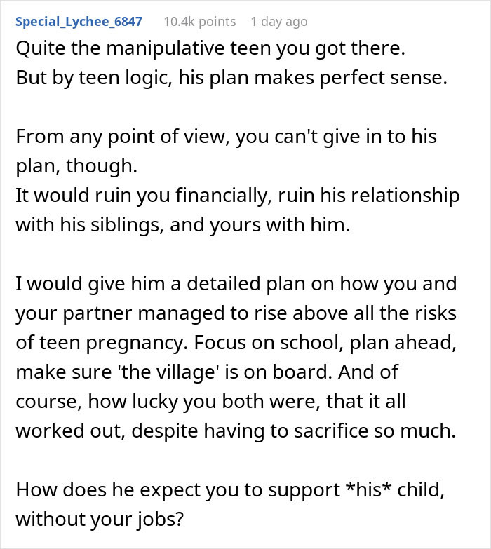 Comment discussing a manipulative teen son trying to get girlfriend pregnant on purpose and its financial impact.