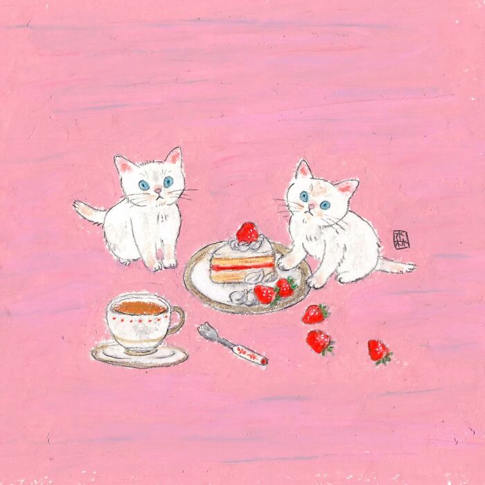 Two white kittens with blue eyes near a slice of strawberry cake and tea cup in adorable artwork for cat lovers.