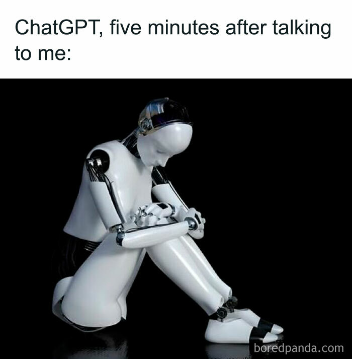 Robot sitting with head down looking sad, representing a hilarious meme from a Facebook page about funny posts.