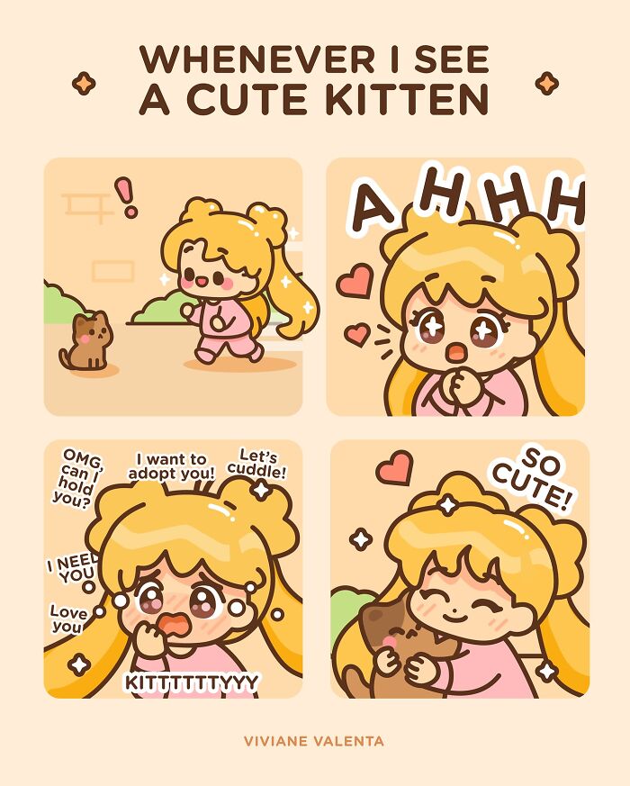 Cute illustrated girl reacting to adorable kitten in a comic style, featuring food puns and cute frogs by Viviane Valenta.
