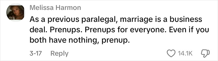 Comment by Melissa Harmon emphasizing marriage as a business deal and the importance of prenups in viral clip receiving massive praise.