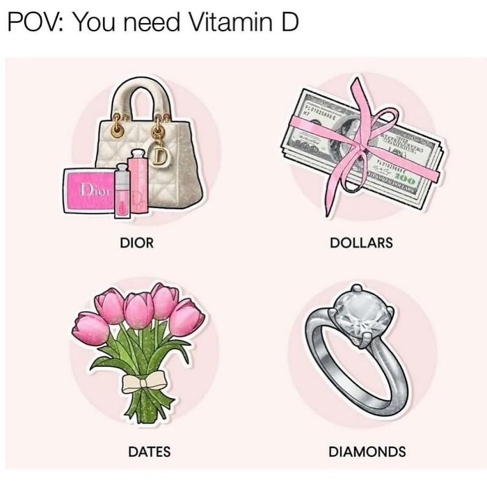 Relatable meme showing Vitamin D needs with Dior products, dollars, dates, and diamonds in a sarcastic style.