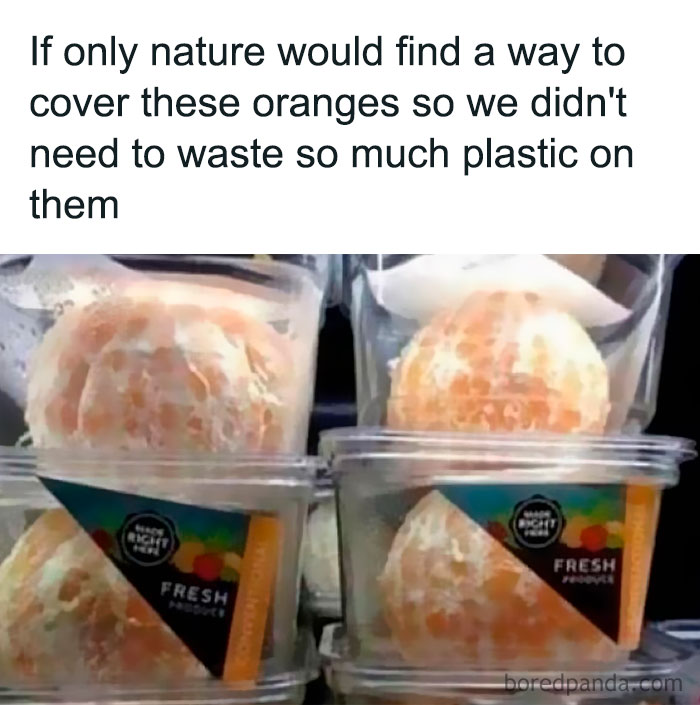Plastic-wrapped peeled oranges in clear containers highlighting excessive packaging in daily laughs memes.