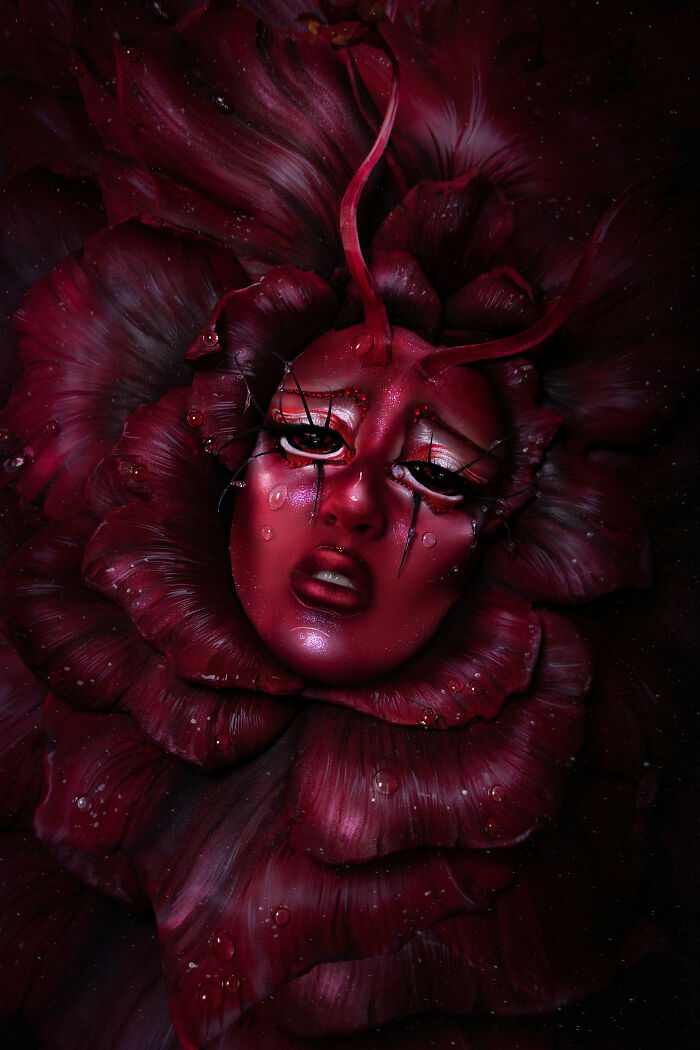 Creative makeup look featuring a face blended with dark red flower petals and dramatic artistic makeup details.