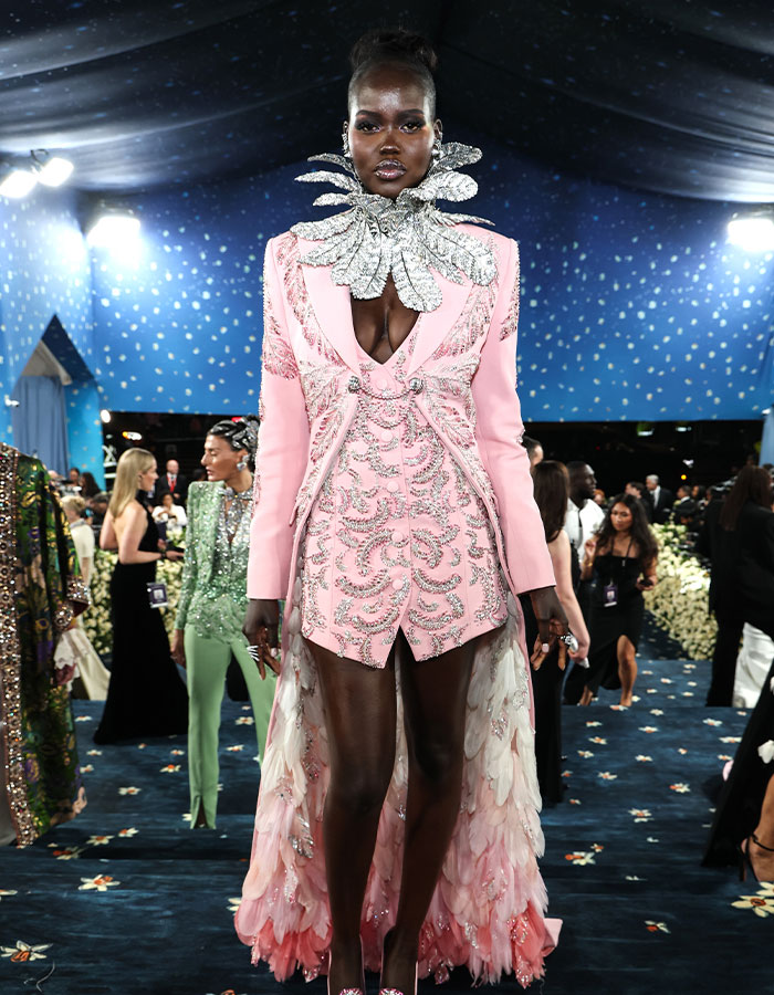 Model wearing an elaborate pink and silver embellished outfit at the Met Gala showcasing one of the biggest fashion fails 2025.