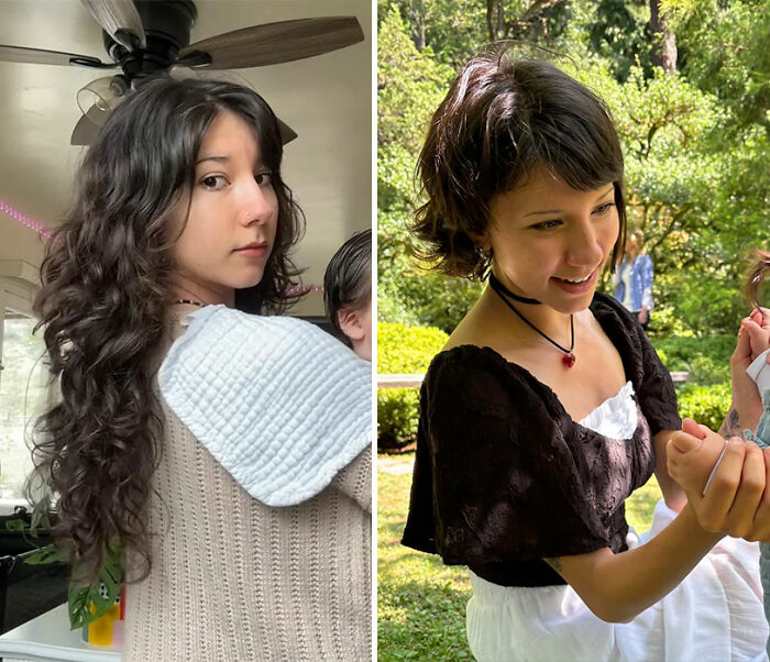 Young woman with long curly hair on the left and short wavy hair outdoors showing gorgeous hair transformations.