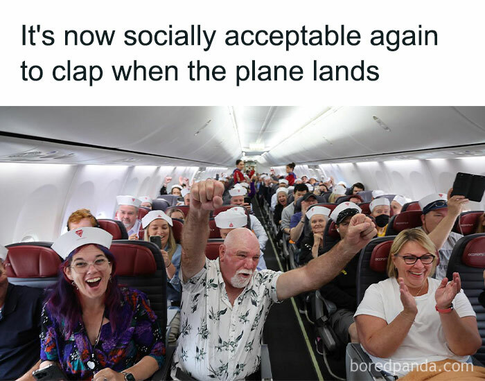 Passengers on a plane celebrating by clapping, representing funny and relatable memes from a popular Instagram account.