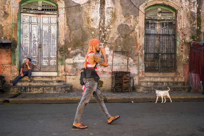 Man walking past weathered buildings and a dog on a street, a classic moment in street photography by talented photographers.
