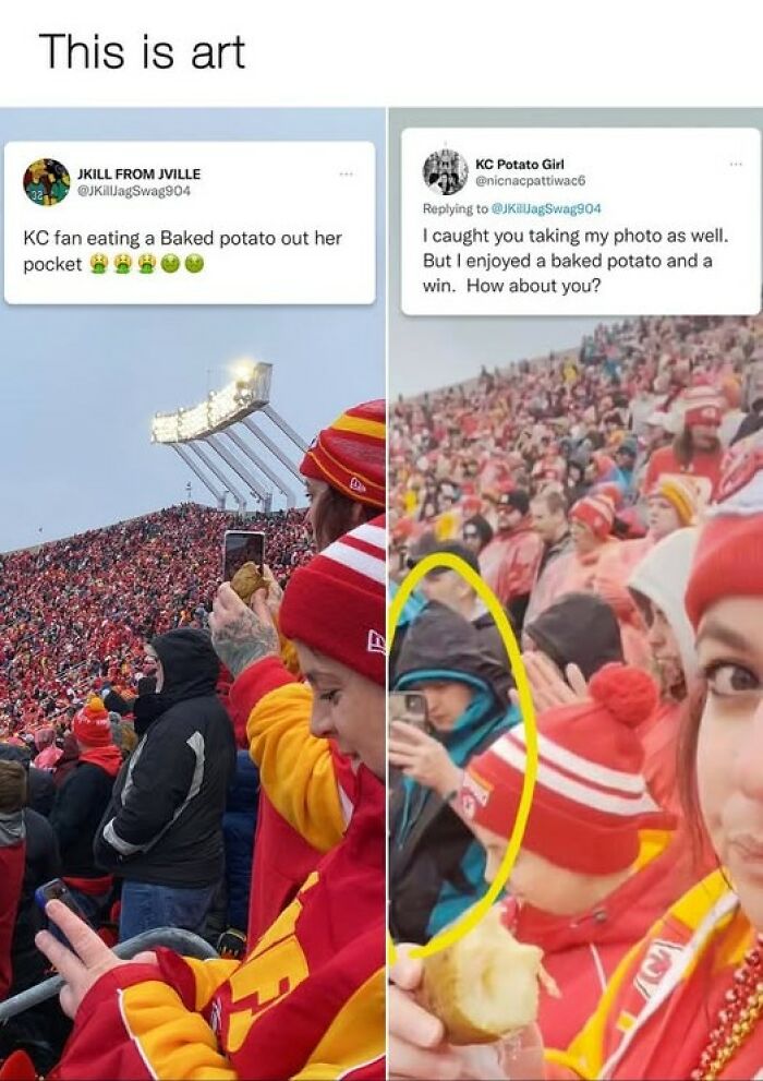 Fans at a football stadium captured in a funny meme featuring a Kansas City fan eating a baked potato during the game.