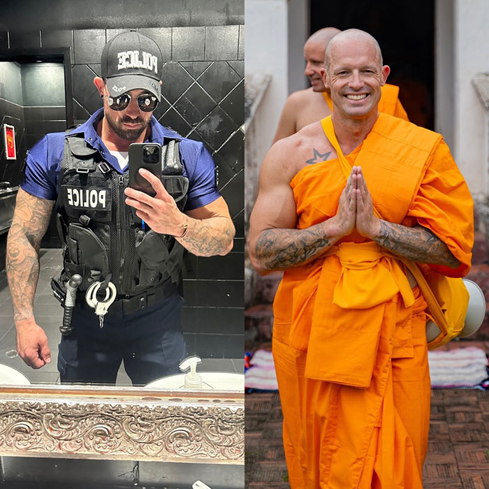 Split image of a former pole dancer now monk, showing a tattooed man in police gear on left and in orange monk robes on right.