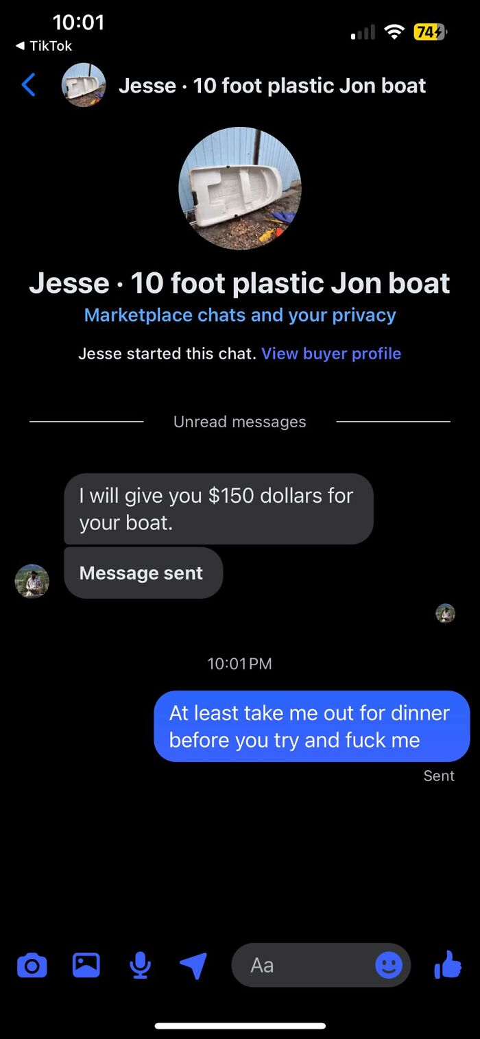 Chat conversation showing negotiation for a 10 foot plastic Jon boat found for sale on Facebook Marketplace.