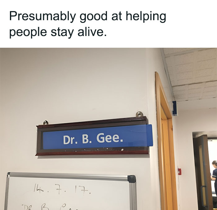 Office door sign for Dr. B. Gee, humorously captioned about helping people stay alive, related to vegan memes.