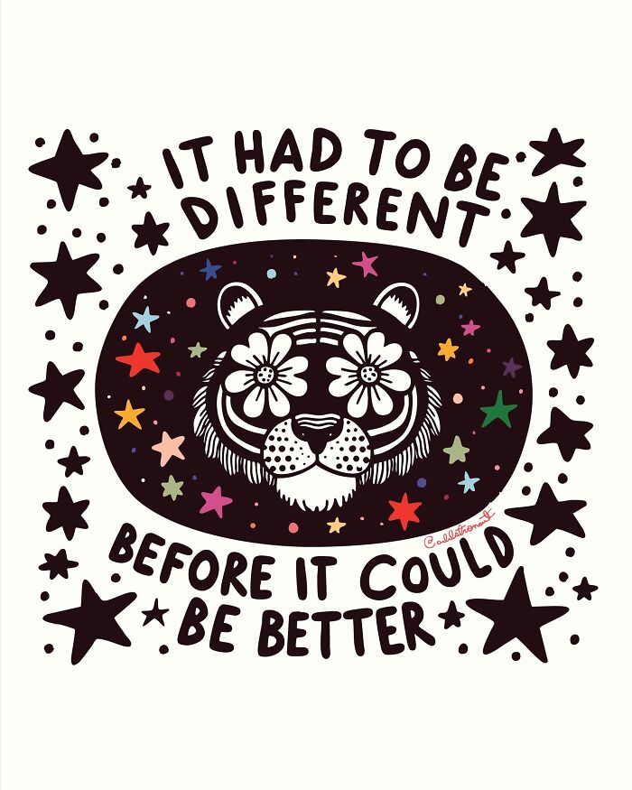 Illustration of a tiger with flowers in its eyes surrounded by stars and art therapy inspired vulnerable thoughts.