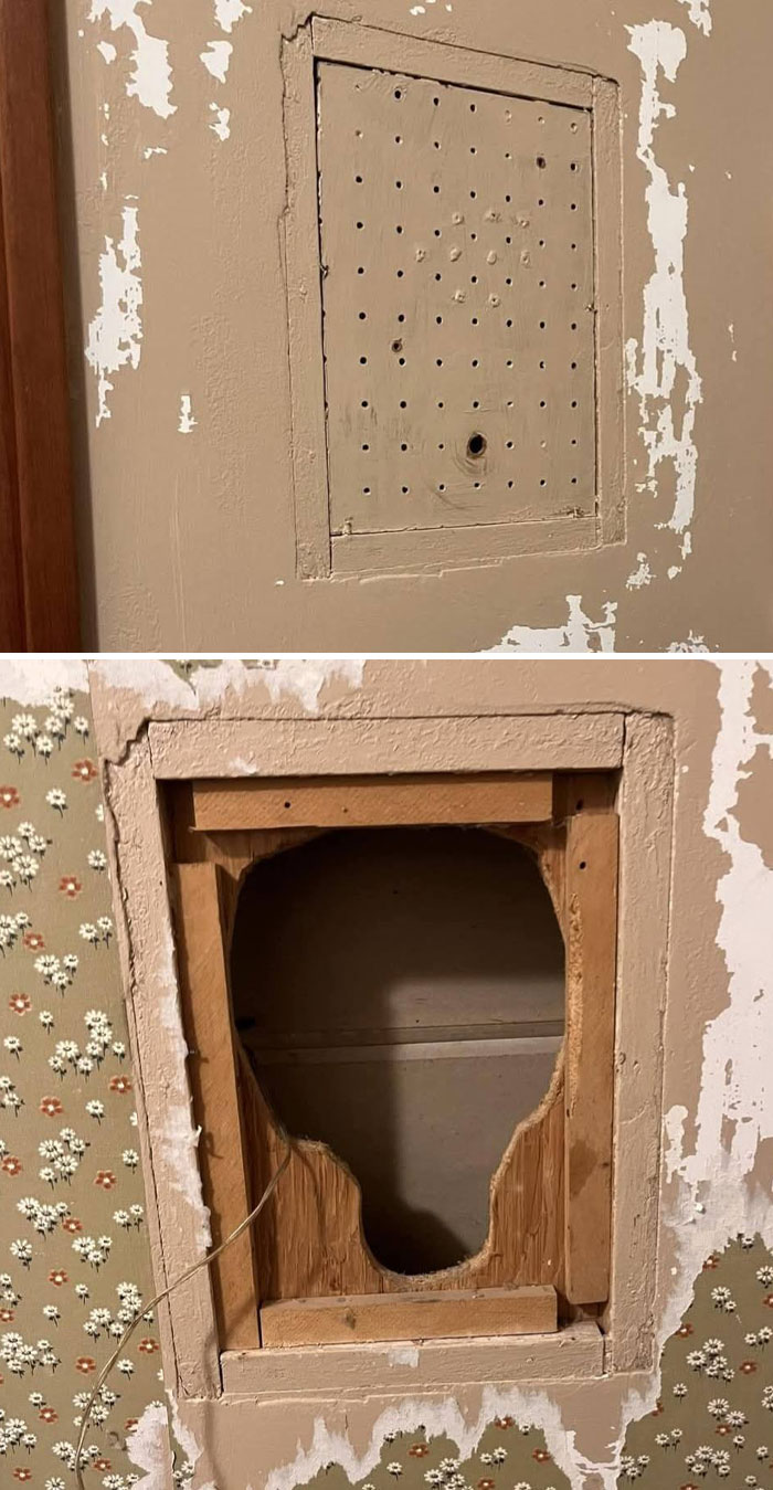 Peeling paint around a hidden wall panel with holes, revealing an empty cavity in a home with strange hidden pasts.