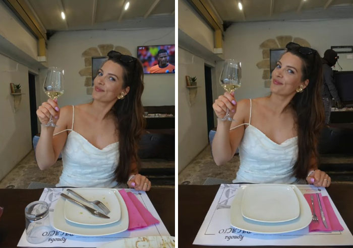 Woman holding a wine glass at a restaurant table with hilarious Photoshop edits showing different plate contents.
