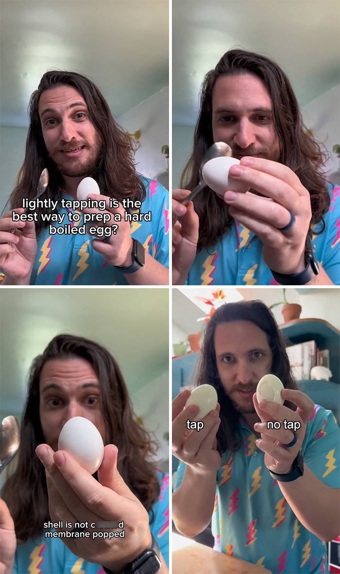 Man demonstrating hard boiled egg prep tips, tapping egg shell to ease peeling in a casual home kitchen setting.