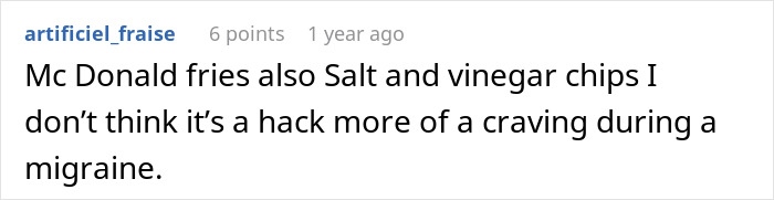 Screenshot of an online comment discussing McDonald fries and cravings during a migraine, mentioning diet coke effects.