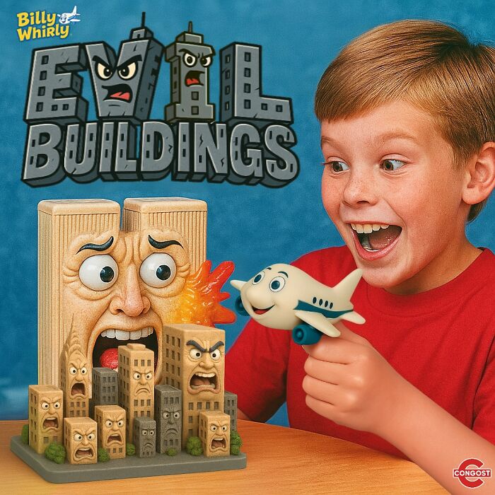 Boy playing with dark humor toy set featuring angry buildings and a happy airplane, illustrating hilariously dark toys for kids.