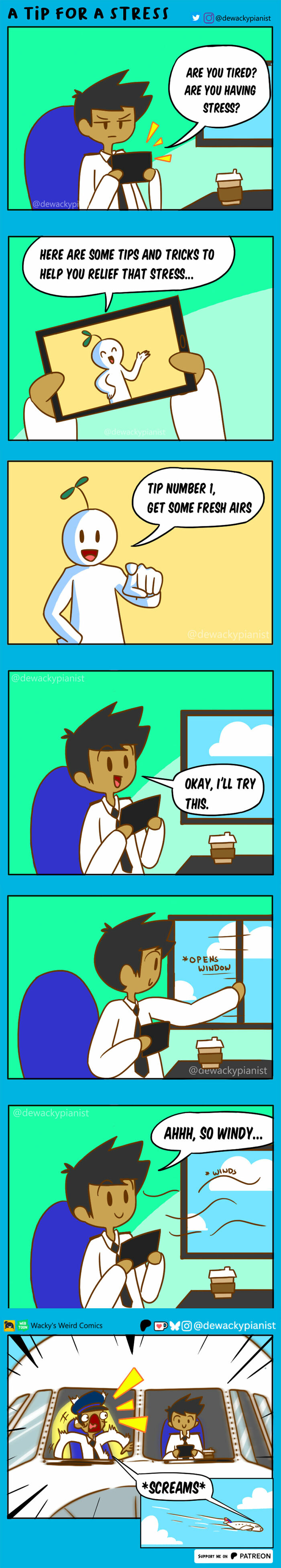 Comic strip showing stress relief tips with humorous chaos, featuring a character opening a window causing an airplane pilot to scream.