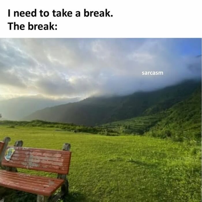 Empty wooden bench in a green field under cloudy sky with text about taking a break on a hilarious memes Facebook page.