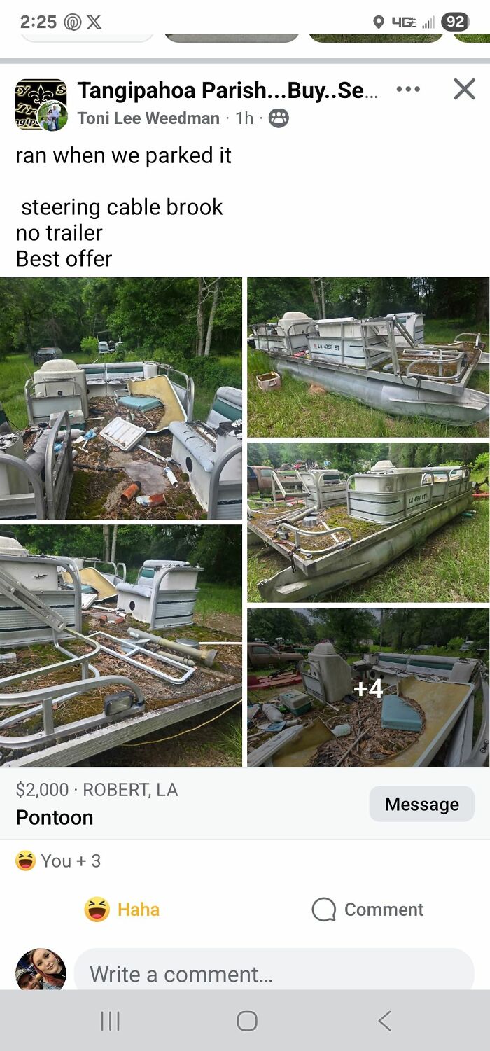 Old damaged pontoon boat listed for sale on Facebook Marketplace among wildest things found for sale.