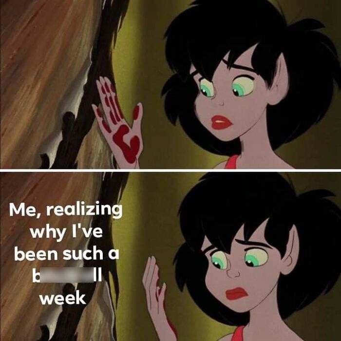 Animated character with black hair looks at red mark on hand, reflecting a cute and wholesome moment shared by a group of girlies.