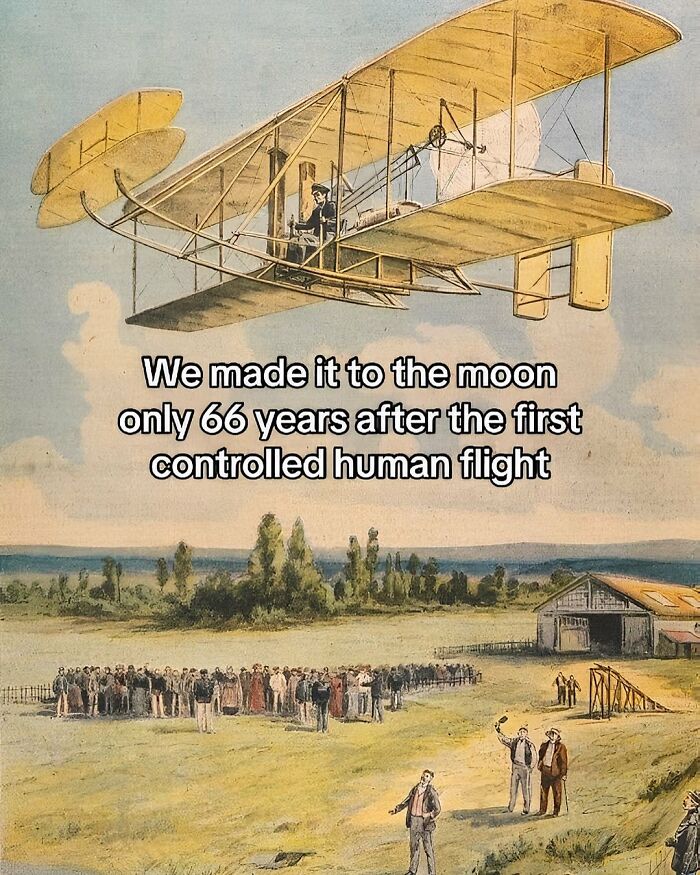 Early airplane flying over a crowd illustrating secret facts about the first controlled human flight and moon landing.