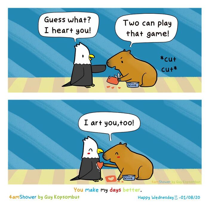 Lighthearted animal comic showing a bird and capybara exchanging heart crafts to make each other smile.