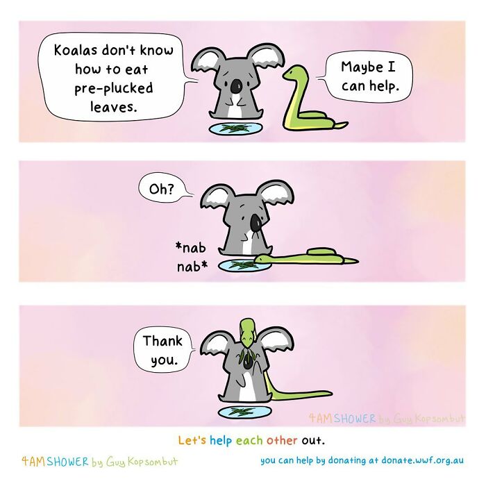 Lighthearted animal comic with a koala and snake, highlighting kindness and helping others with simple acts.