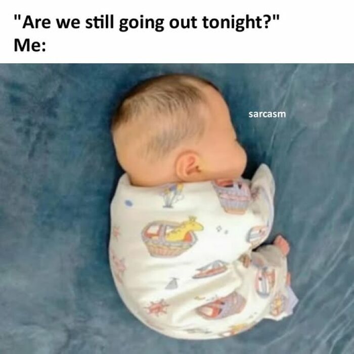 Baby wrapped in a blanket with meme text about staying in, representing hilarious memes on a popular Facebook page.