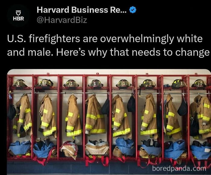 Tweet from Harvard Business Review about diversity in U.S. firefighters with firefighter gear hanging in red lockers.