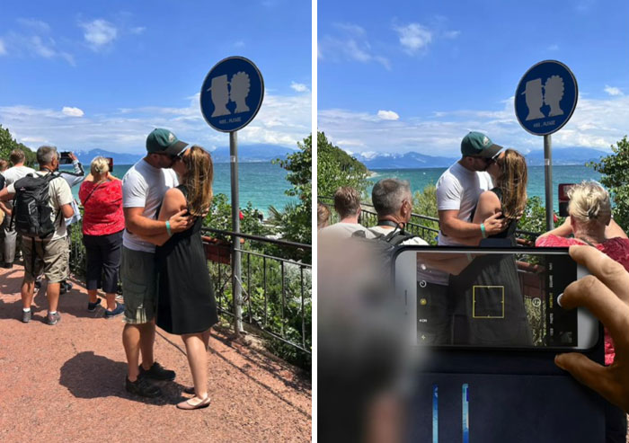 Couple kissing near a humorous sign edited with hilarious Photoshop edits by an artist who takes photo requests literally.