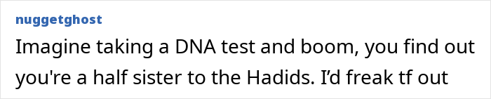 Text post discussing discovering a half sister related to the Hadid family through a DNA test revelation. Text post discussing discovering a half sister related to the Hadid family through a DNA test revelation.