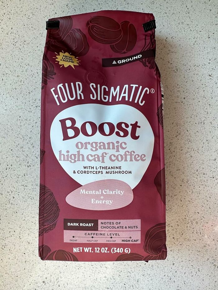 Four Sigmatic Boost organic high caf coffee package highlighting mental clarity and energy for morning person hacks.