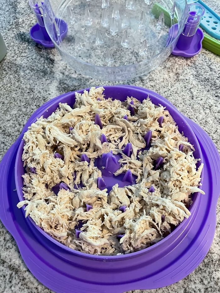 Purple shredded chicken shredder kitchen tool on granite countertop, one of the internet gold products on Amazon trending everywhere