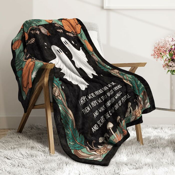 Throw blanket featuring cute ghosts and autumn design, perfect gift celebrating beautifully unhinged friendship on Best Friends Day.