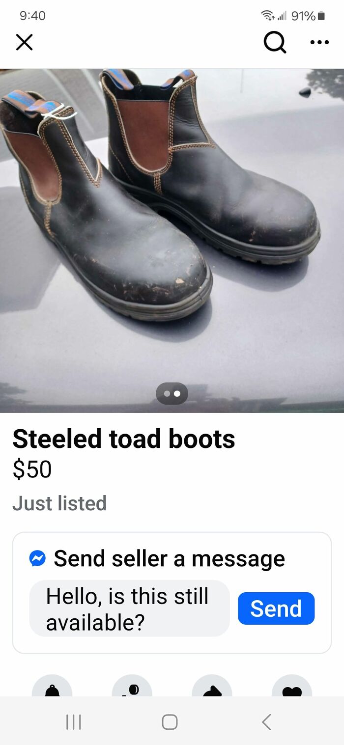 Pair of worn black steel toe work boots listed for sale on Facebook Marketplace, showcasing unique items found for sale.