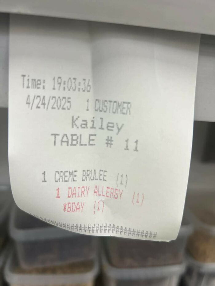 Receipt showing a hospitality order with a dairy allergy notice for a birthday customer at table 11.
