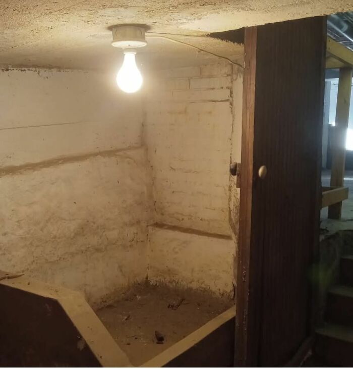 Dimly lit old basement corner with exposed brick walls and a wooden door, showing strange hidden home features.