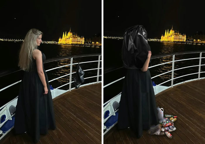 Woman in a black dress on a boat at night shown in original and hilarious Photoshop edits by an artist.