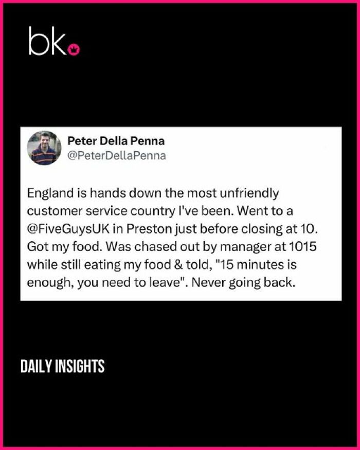 Tweet about unfriendly customer service in England, highlighting British humor in a comedic social media post.