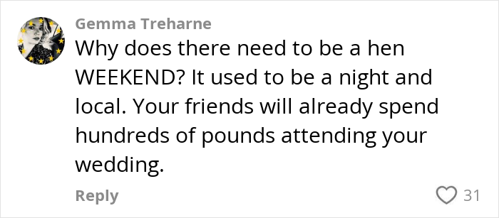 Social media comment questioning if paying for hen parties has become excessive with friends already spending on weddings.