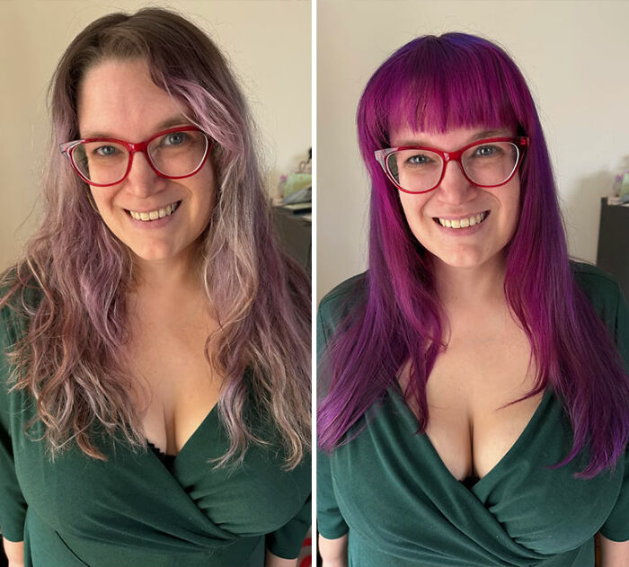 Woman with red glasses showing a gorgeous hair transformation from wavy light purple to sleek vibrant purple with bangs.