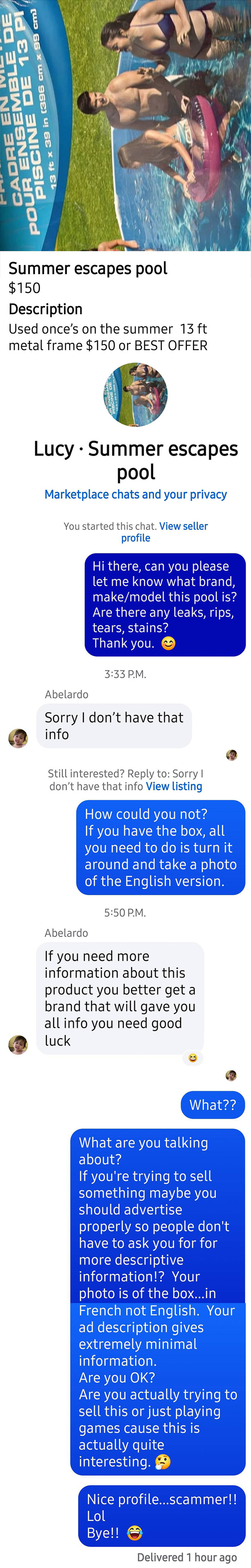 Three people in swimwear enjoying a Summer Escapes pool, featured as a wild find on Facebook Marketplace.