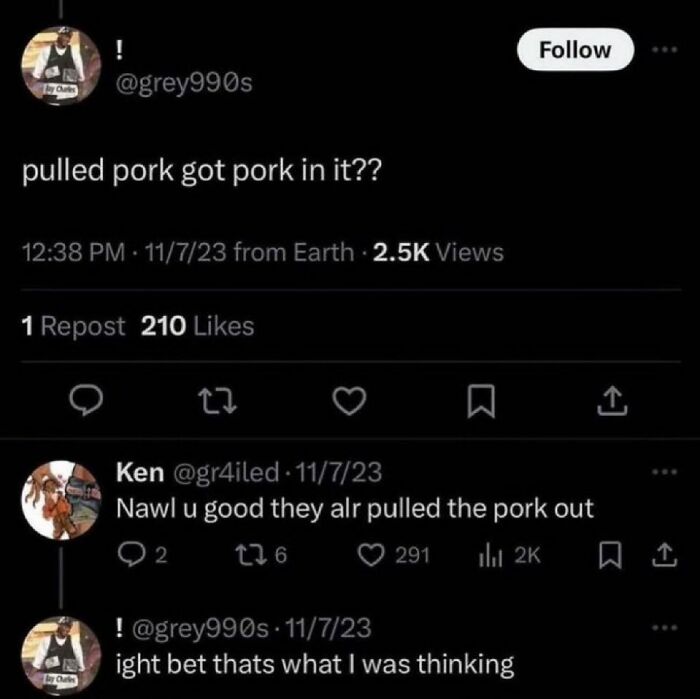 Screenshot of chaotic meme conversation on Twitter about pulled pork, illustrating humorous confusion and chaotic memes online.
