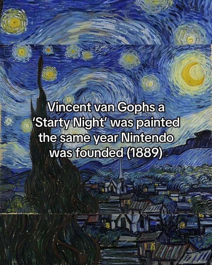 Vincent van Gogh’s Starry Night painted in 1889, the same year Nintendo was founded, shown in a famous artwork.
