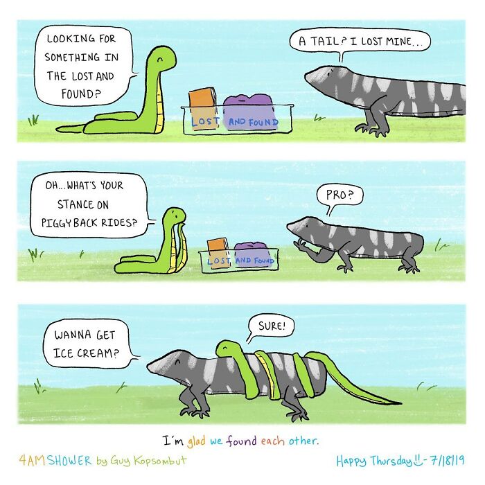 Comic strip of two lighthearted animals at a lost and found, sharing a moment to help each other smile.